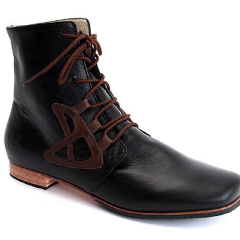 John Fluevog Black Leather Lace-Up Ankle Boots with Brown Accents